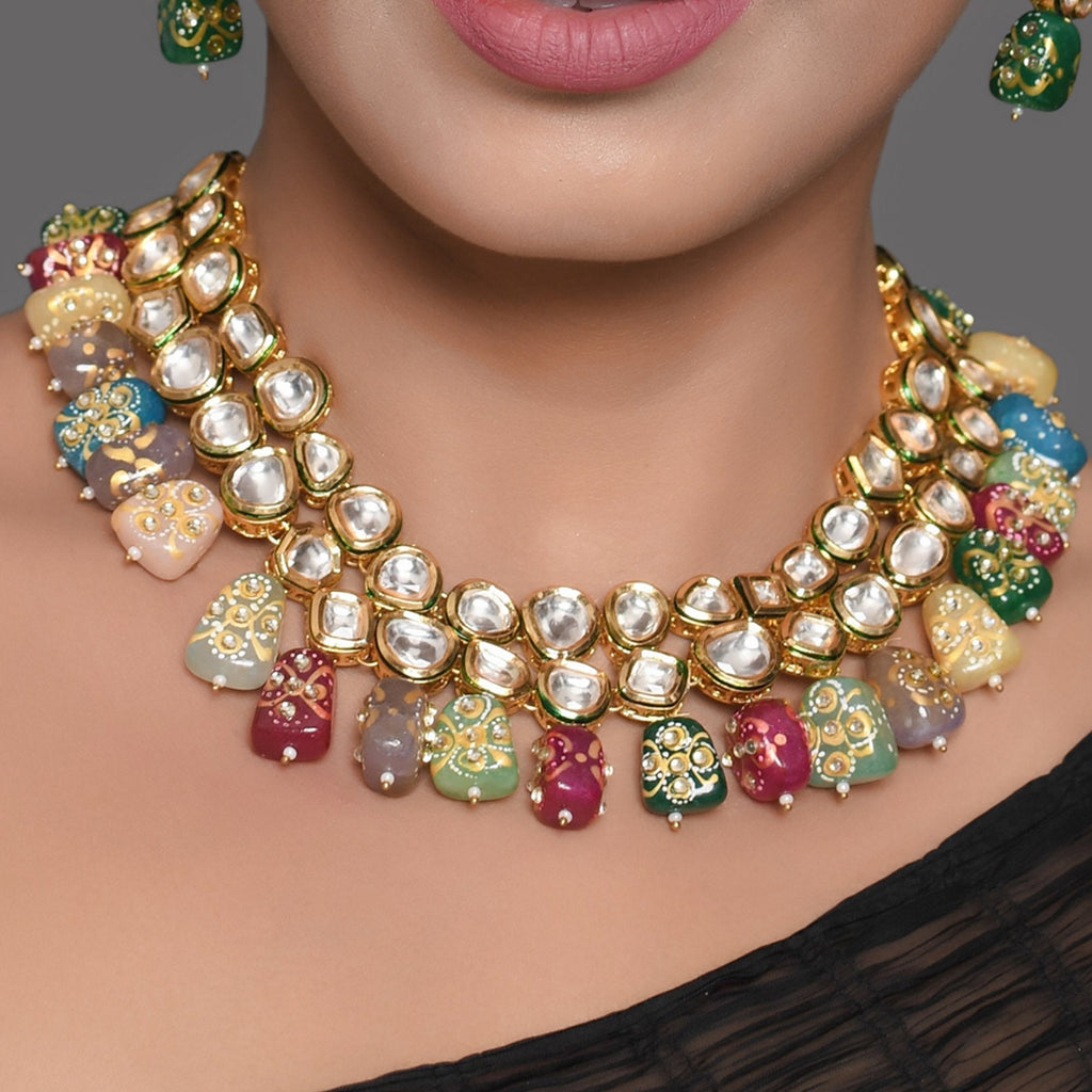 Peryl Women's Gold Toned Multicolored Beaded Kundan Necklace Teamed With Matching Earrings & Mang Tika - Swadesiicart