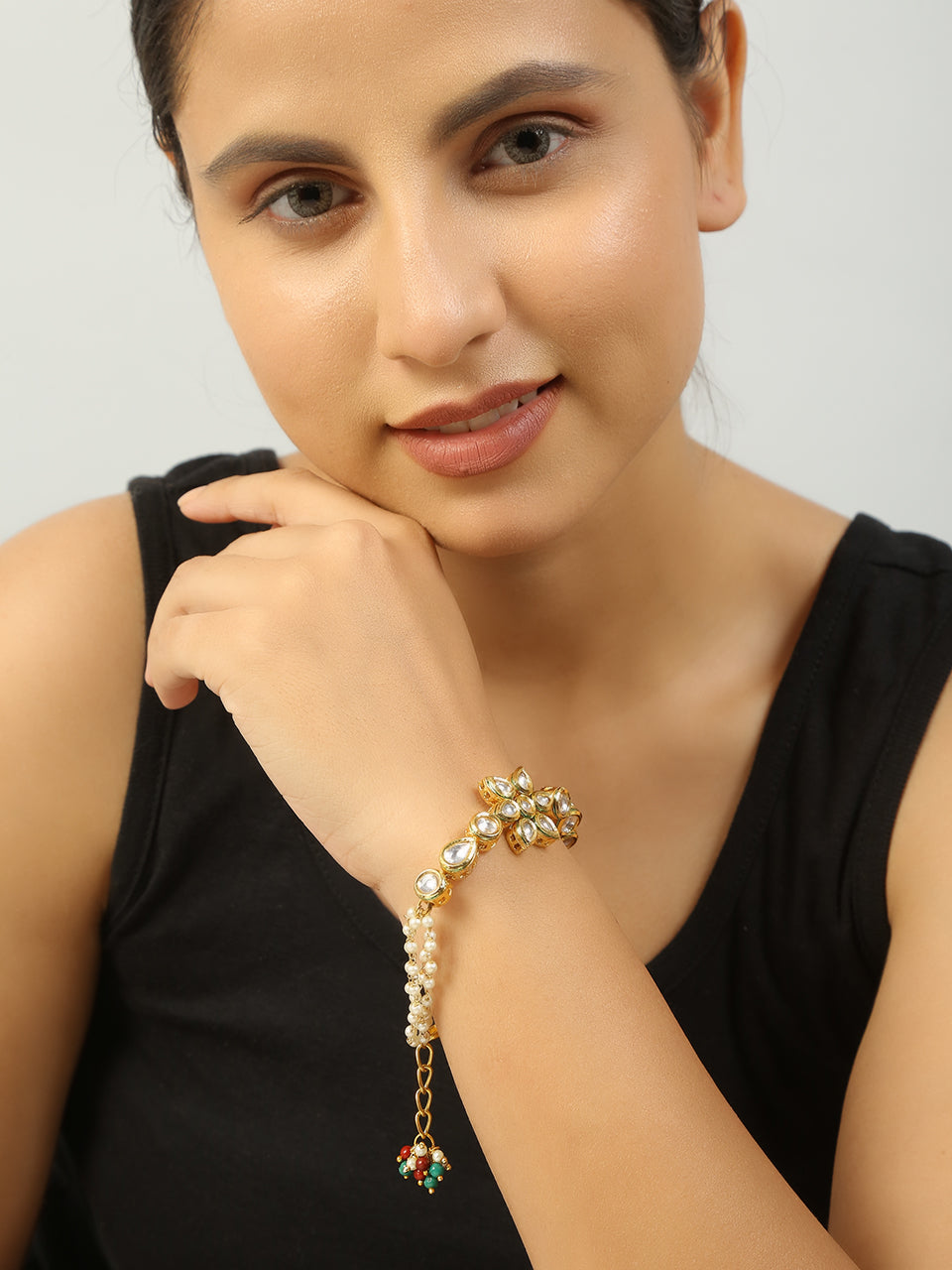 Peryl Women's Floral Kundan Gold Tone Bracelet With Multicolor Beads - Noz2Toz