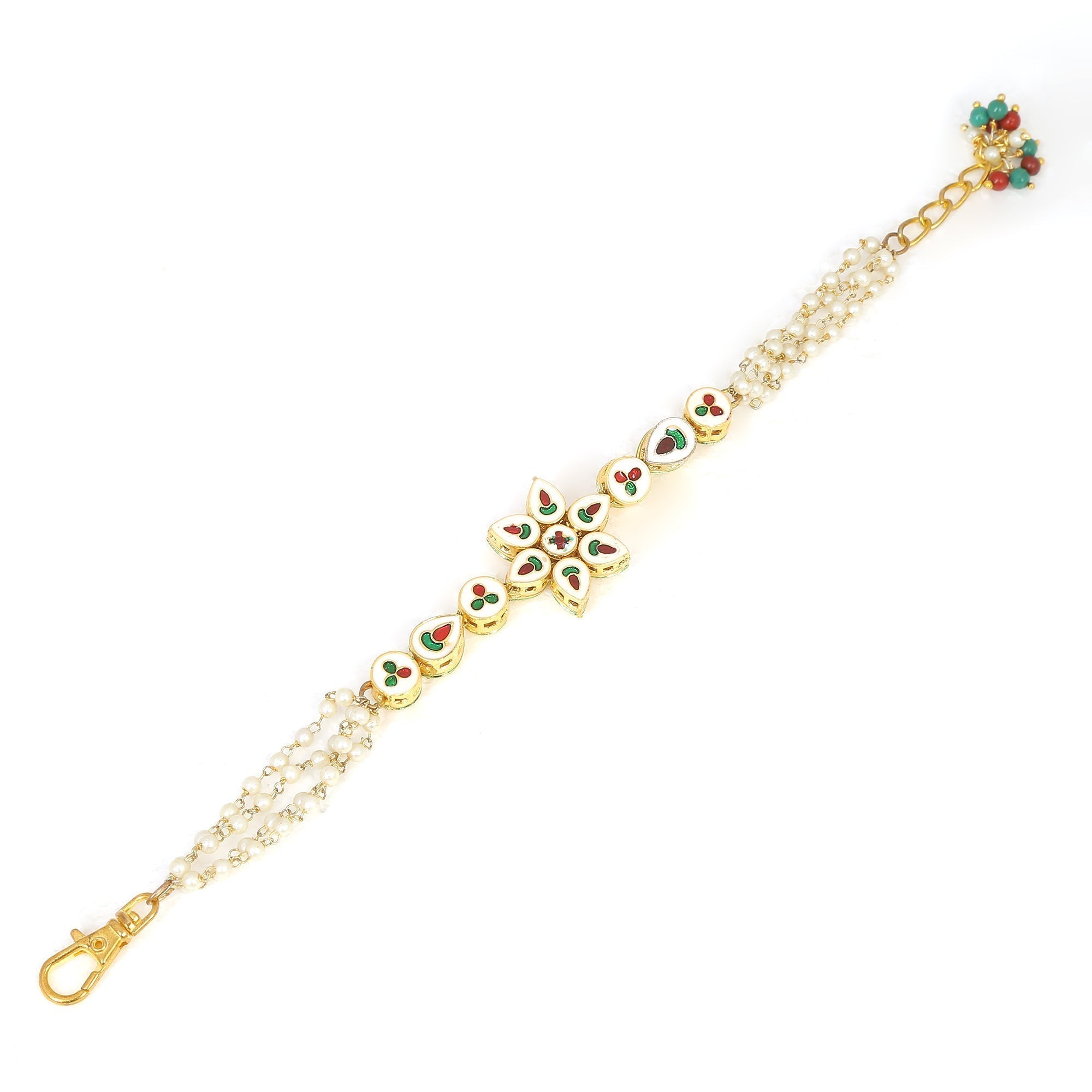 Peryl Women's Floral Kundan Gold Tone Bracelet With Multicolor Beads - Swadesiicart