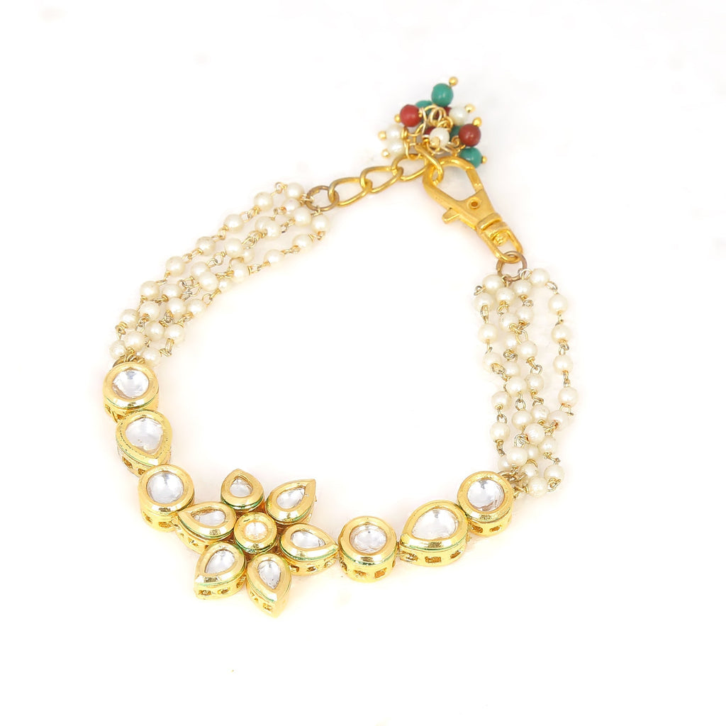 Peryl Women's Floral Kundan Gold Tone Bracelet With Multicolor Beads - Swadesiicart