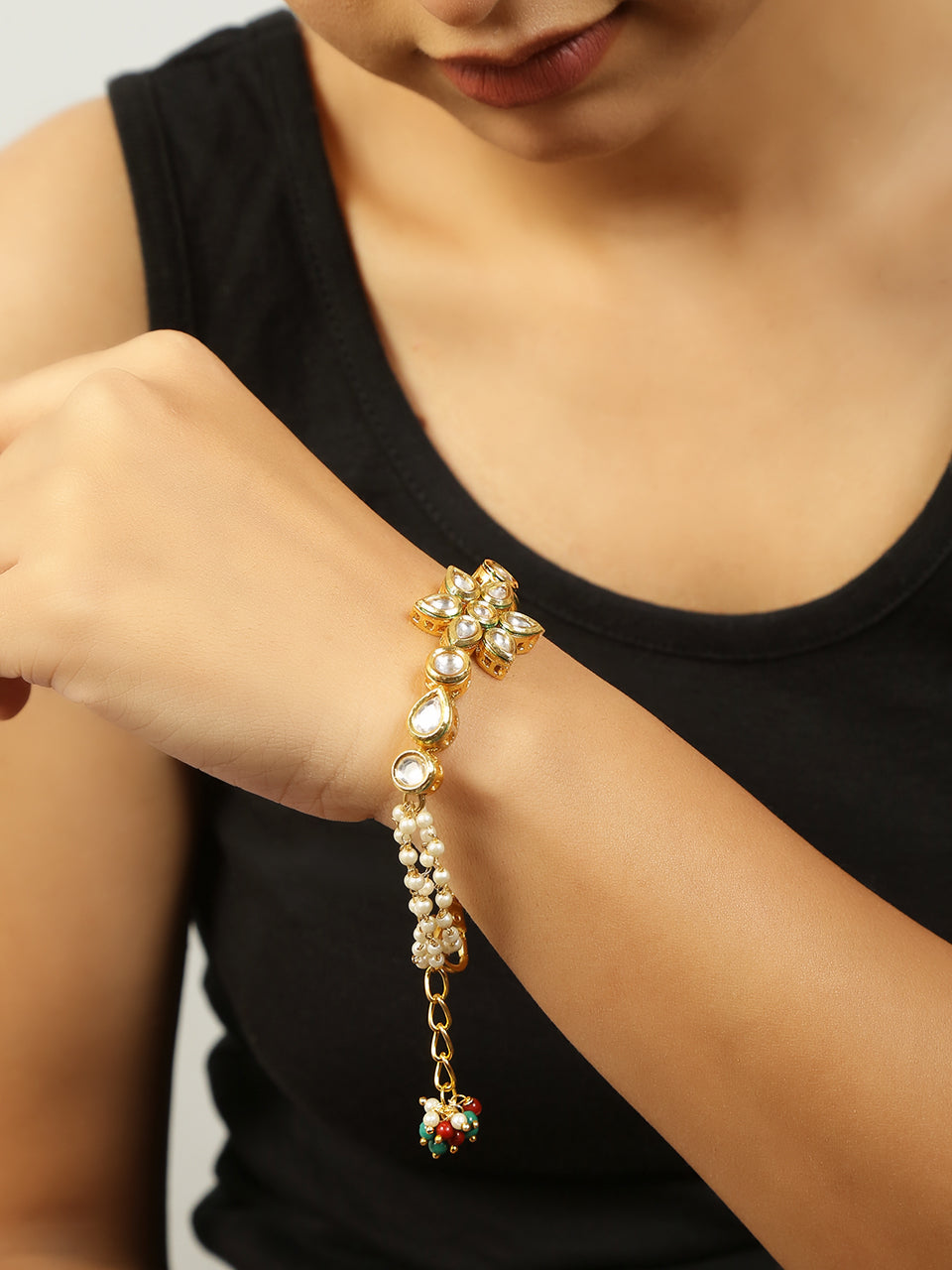 Peryl Women's Floral Kundan Gold Tone Bracelet With Multicolor Beads - Swadesiicart