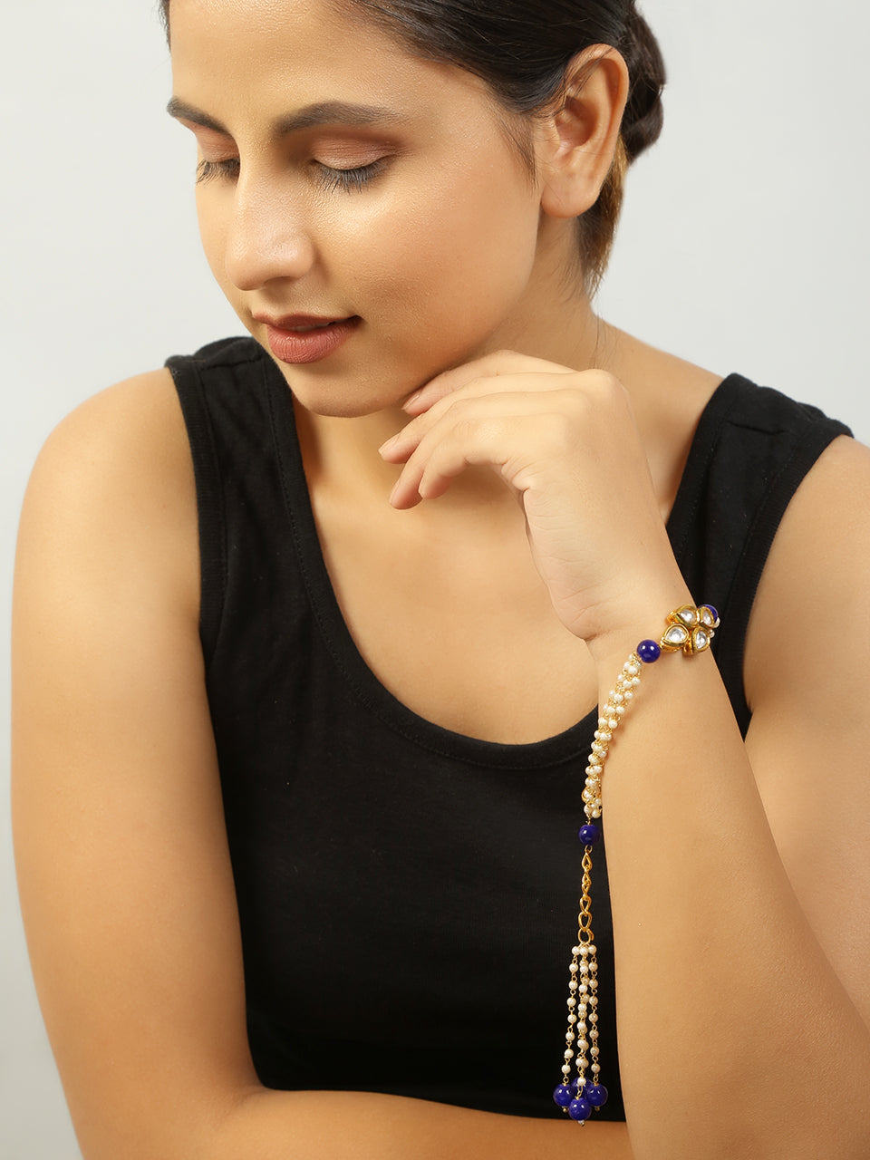 Peryl Women's Blue White Gold Tone Kundan Bracelet - Swadesiicart
