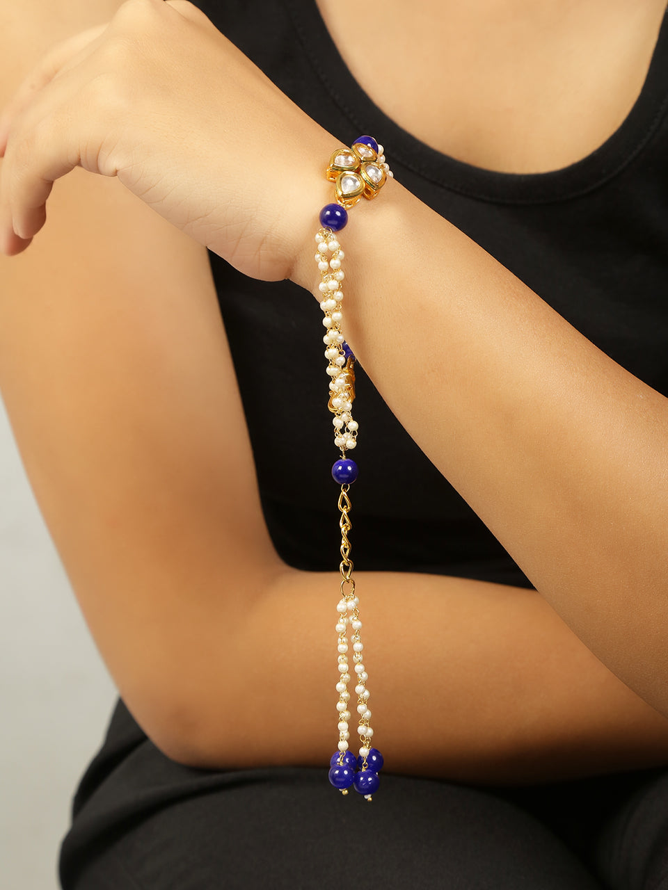 Peryl Women's Blue White Gold Tone Kundan Bracelet - Swadesiicart