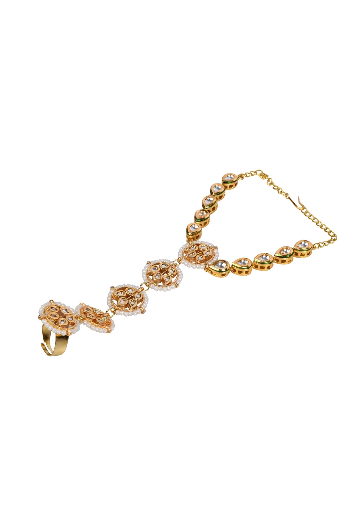 Peryl Women's Gold Tone Kundan Haathphool With Pearls - Swadesiicart