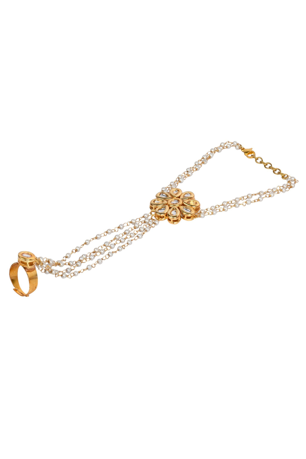 Peryl Women's Gold Tone Floral Kundan Haathphool With Pearls - Swadesiicart