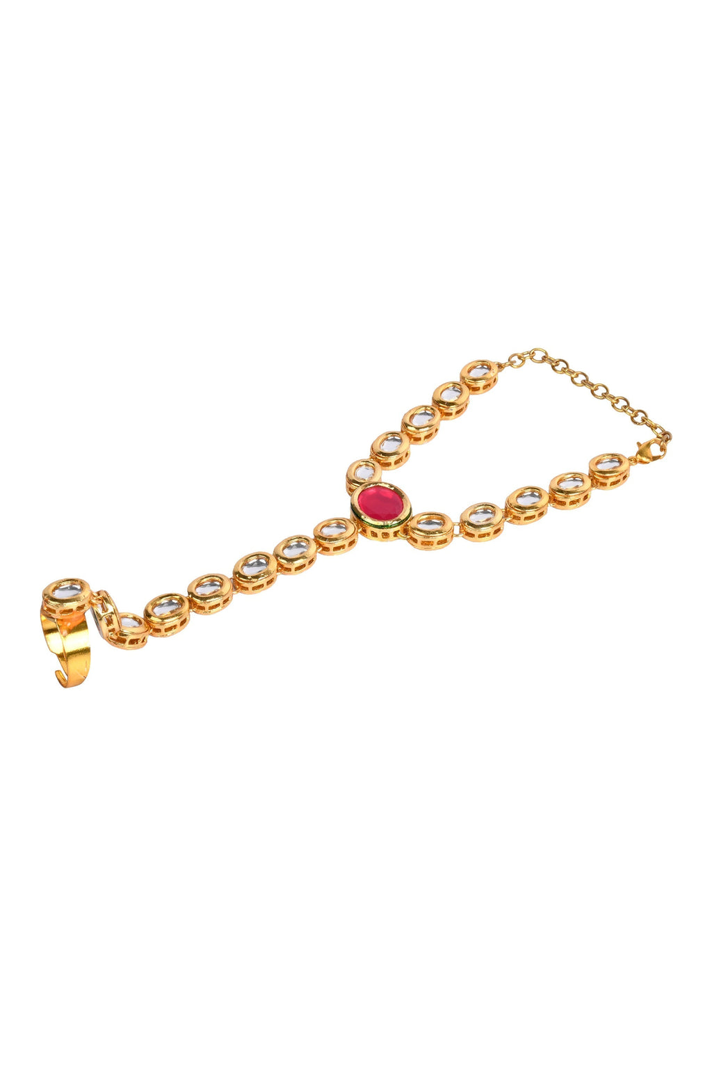 Peryl Women's Red Gold Toned Royal Kundan Hathphool - Swadesiicart