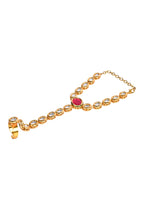 Peryl Women's Red Gold Toned Royal Kundan Hathphool - Swadesiicart