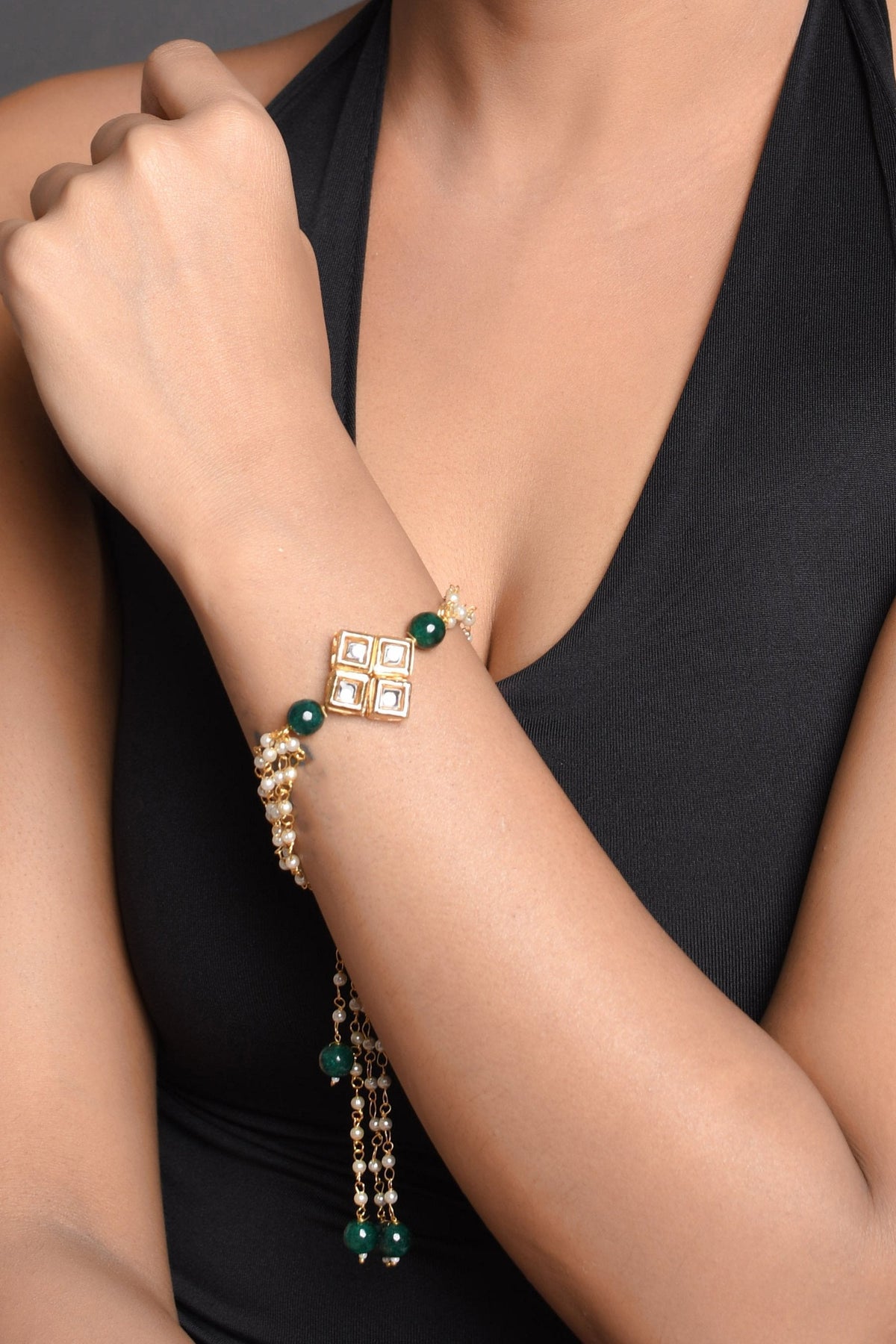 Peryl Women's Classic Gold Tone Kundan Inspired Pearl Bracelet - Swadesiicart
