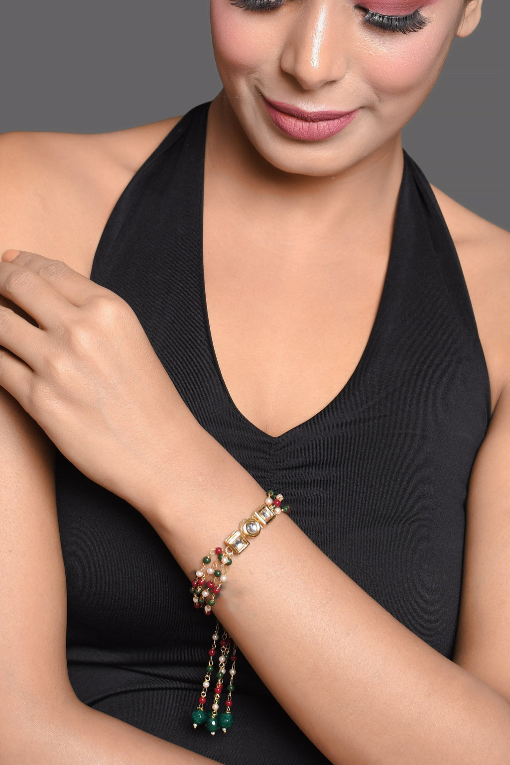 Peryl Women's Red Green Beaded Gold Tone Kundan Bracelet - Swadesiicart