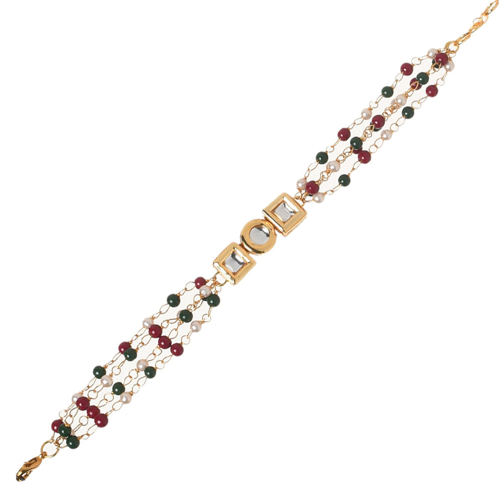 Peryl Women's Red Green Beaded Gold Tone Kundan Bracelet - Swadesiicart