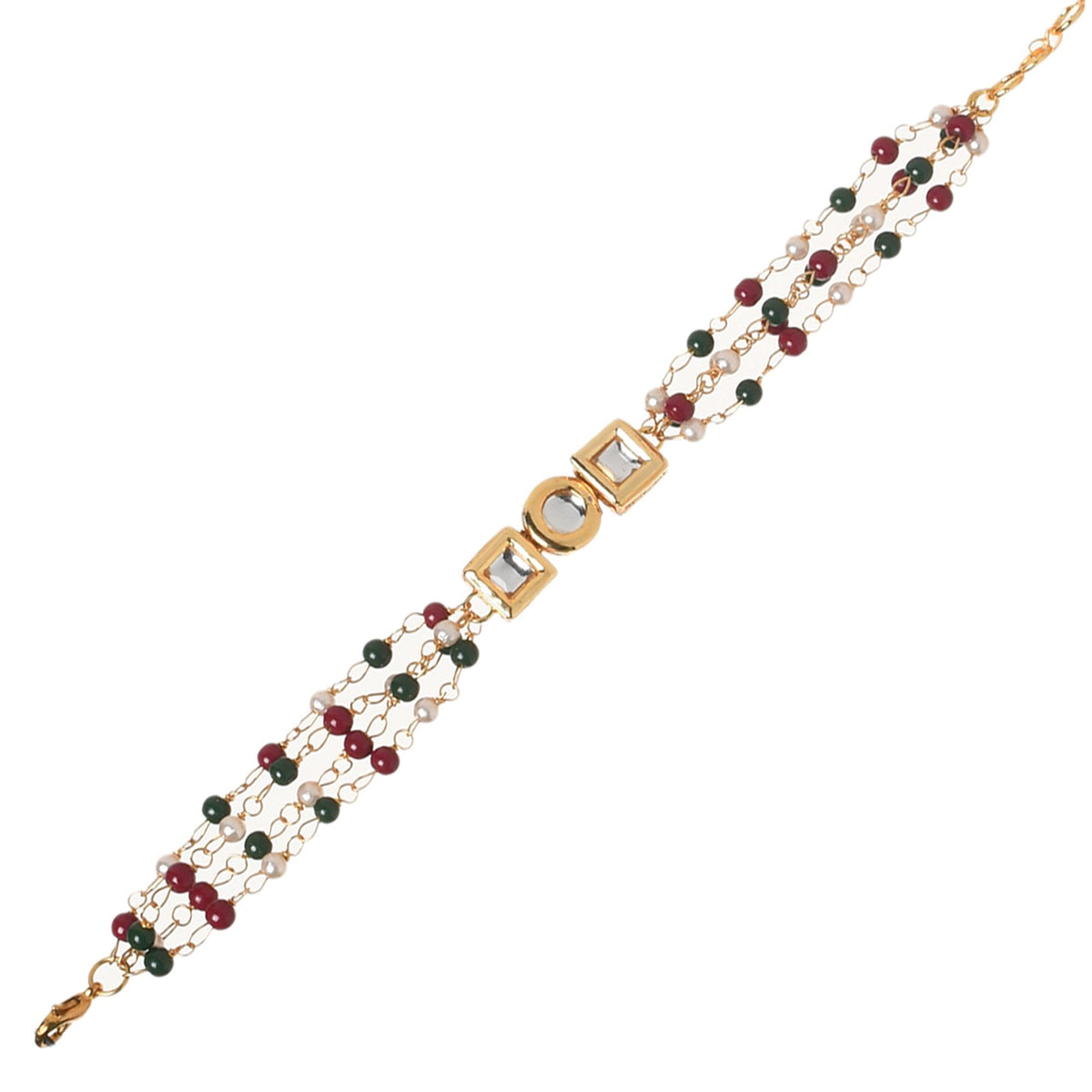 Peryl Women's Red Green Beaded Gold Tone Kundan Bracelet - Swadesiicart