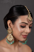 Peryl Women's Pink Green Gold Tone Kundan Inspired Maang Tikka With Earrings - Noz2Toz