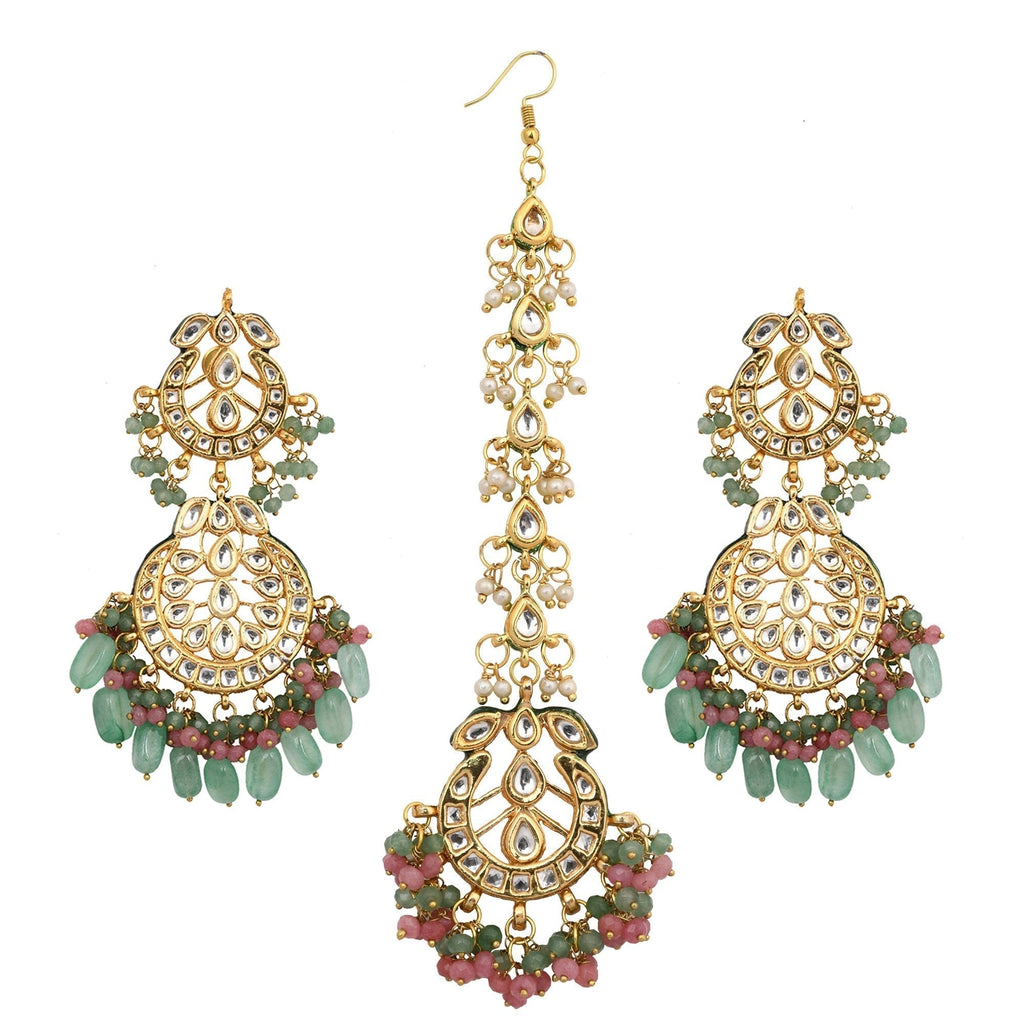 Peryl Women's Pink Green Gold Tone Kundan Inspired Maang Tikka With Earrings - Swadesiicart