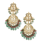 Peryl Women's Pink Green Gold Tone Kundan Inspired Maang Tikka With Earrings - Swadesiicart