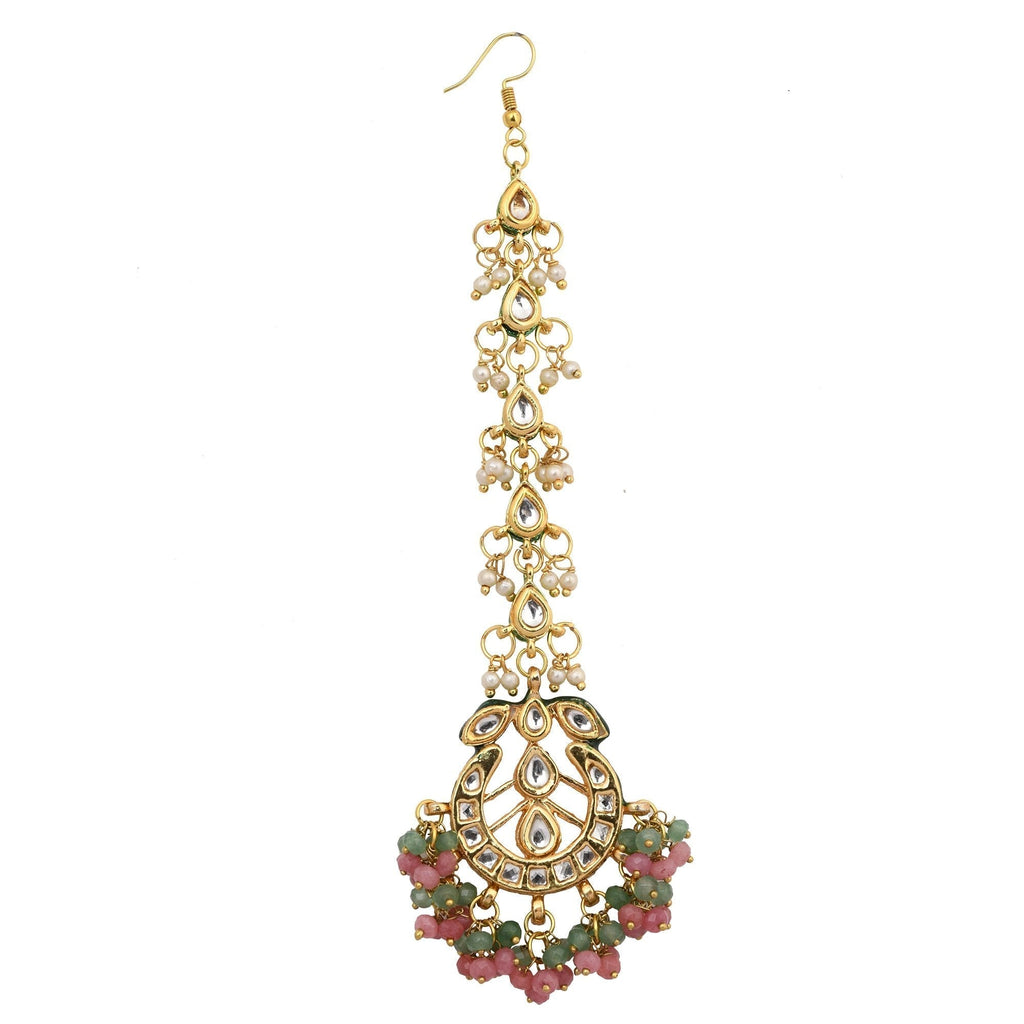 Peryl Women's Pink Green Gold Tone Kundan Inspired Maang Tikka With Earrings - Swadesiicart