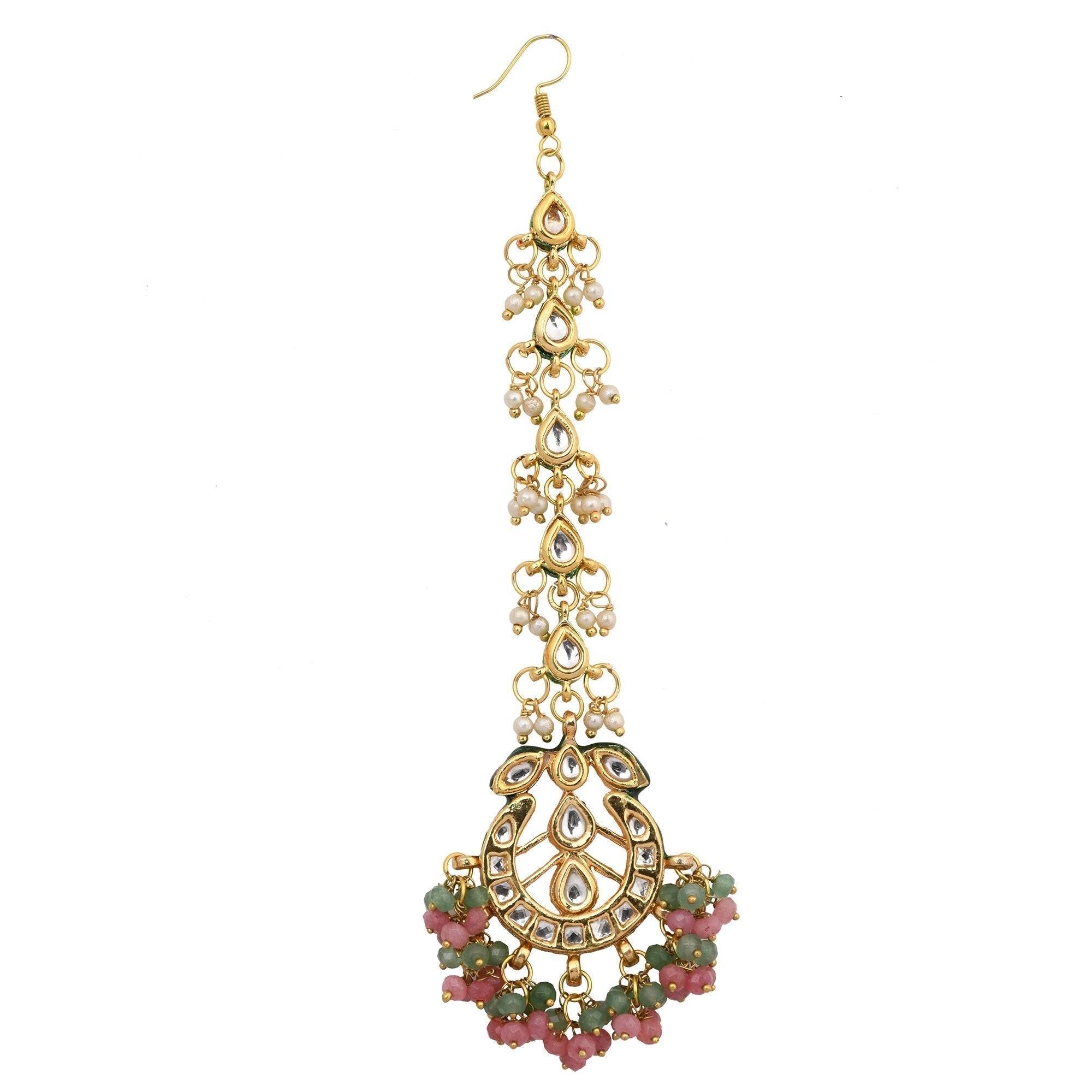 Peryl Women's Pink Green Gold Tone Kundan Inspired Maang Tikka With Earrings - Swadesiicart