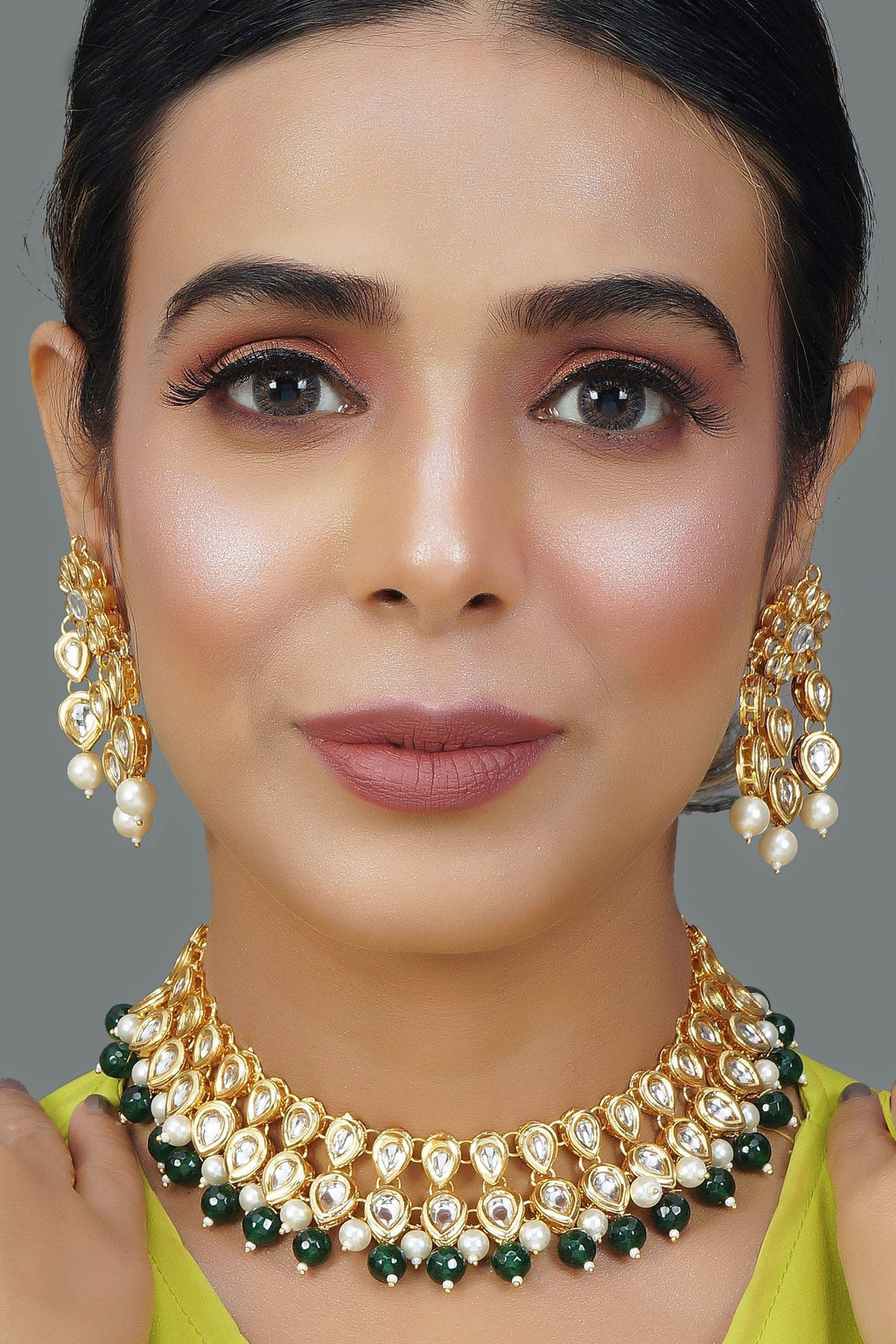 Peryl Women Beaded Kundan Necklace With A Pair Of Earrings(2 Pc Set) - Swadesiicart