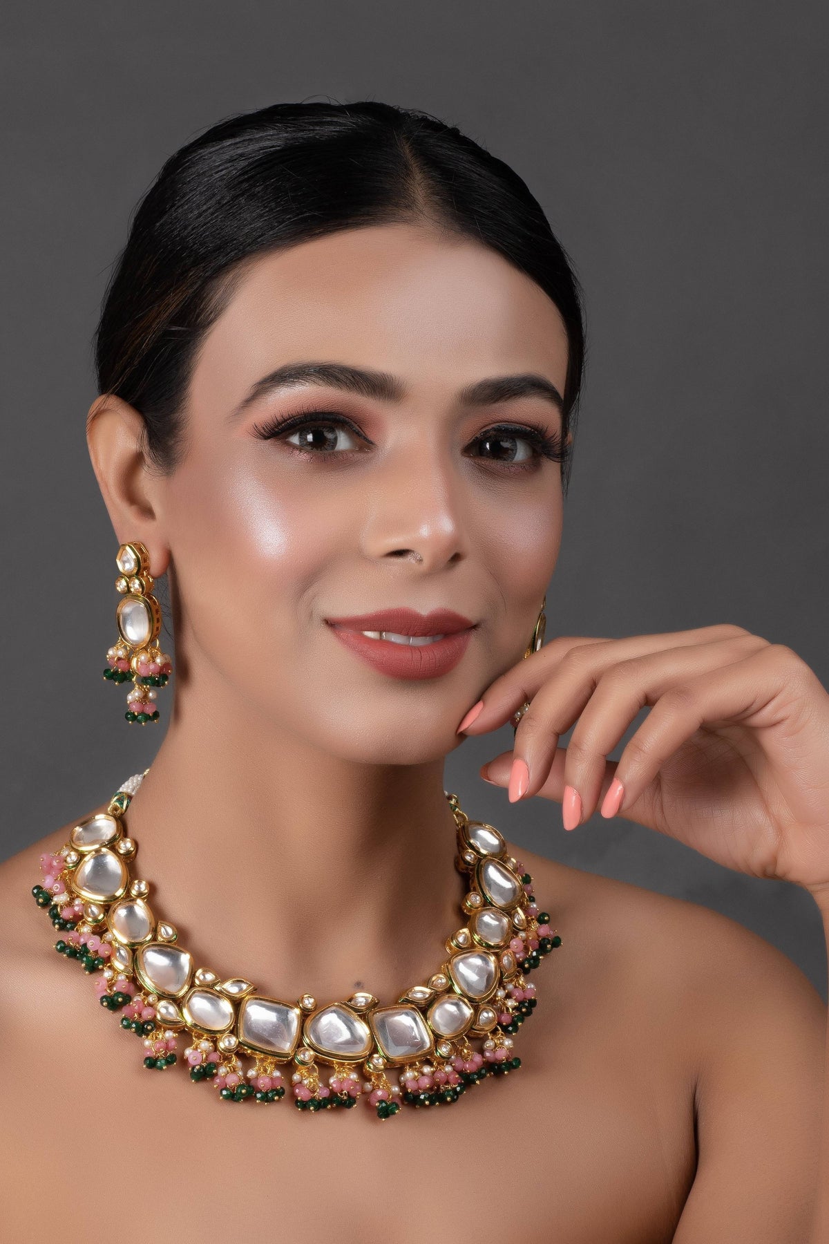 Peryl Women's Pink Green Gold Tone Kundan Necklace With Earrings - Noz2Toz