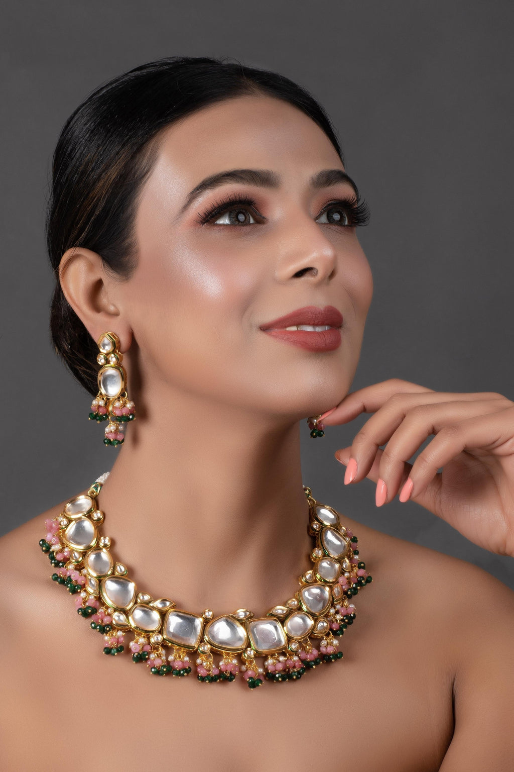 Peryl Women's Pink Green Gold Tone Kundan Necklace With Earrings - Swadesiicart