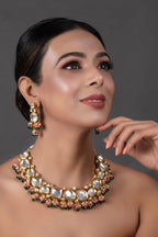 Peryl Women's Pink Green Gold Tone Kundan Necklace With Earrings - Swadesiicart