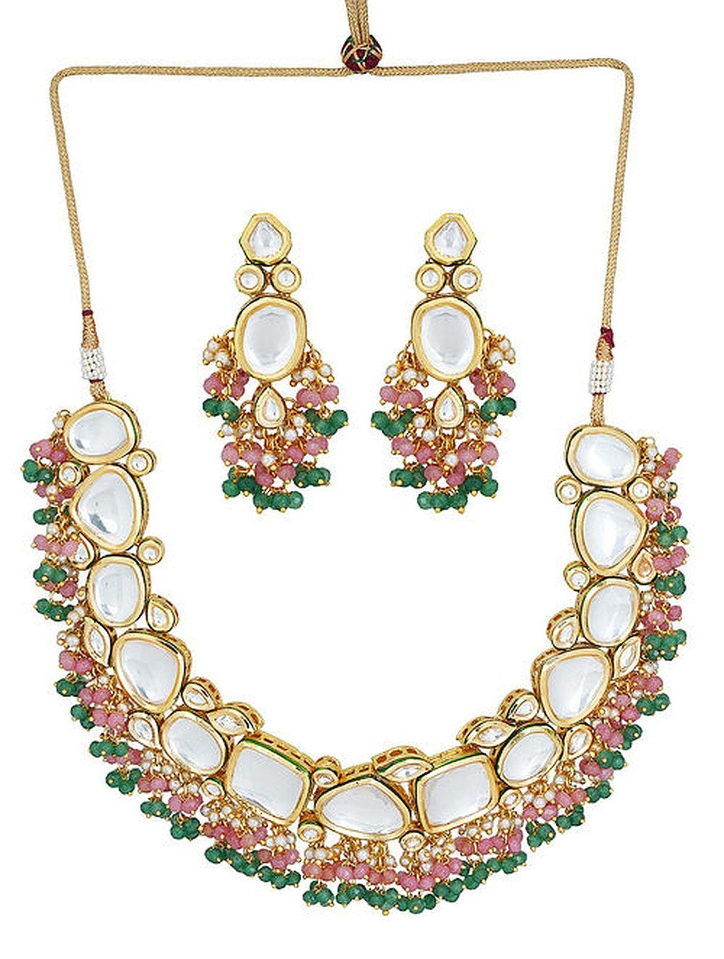 Peryl Women's Pink Green Gold Tone Kundan Necklace With Earrings - Swadesiicart
