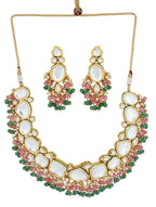 Peryl Women's Pink Green Gold Tone Kundan Necklace With Earrings - Swadesiicart