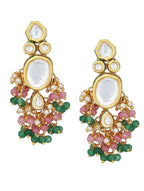 Peryl Women's Pink Green Gold Tone Kundan Necklace With Earrings - Swadesiicart