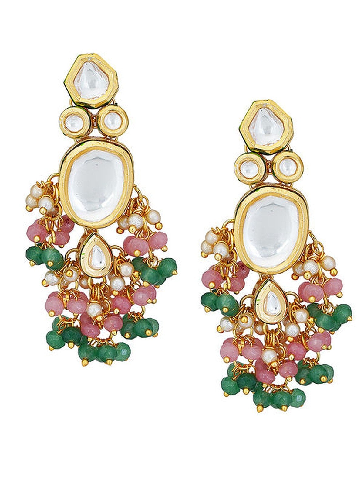 Peryl Women's Pink Green Gold Tone Kundan Necklace With Earrings - Swadesiicart