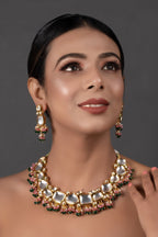 Peryl Women's Pink Green Gold Tone Kundan Necklace With Earrings - Swadesiicart