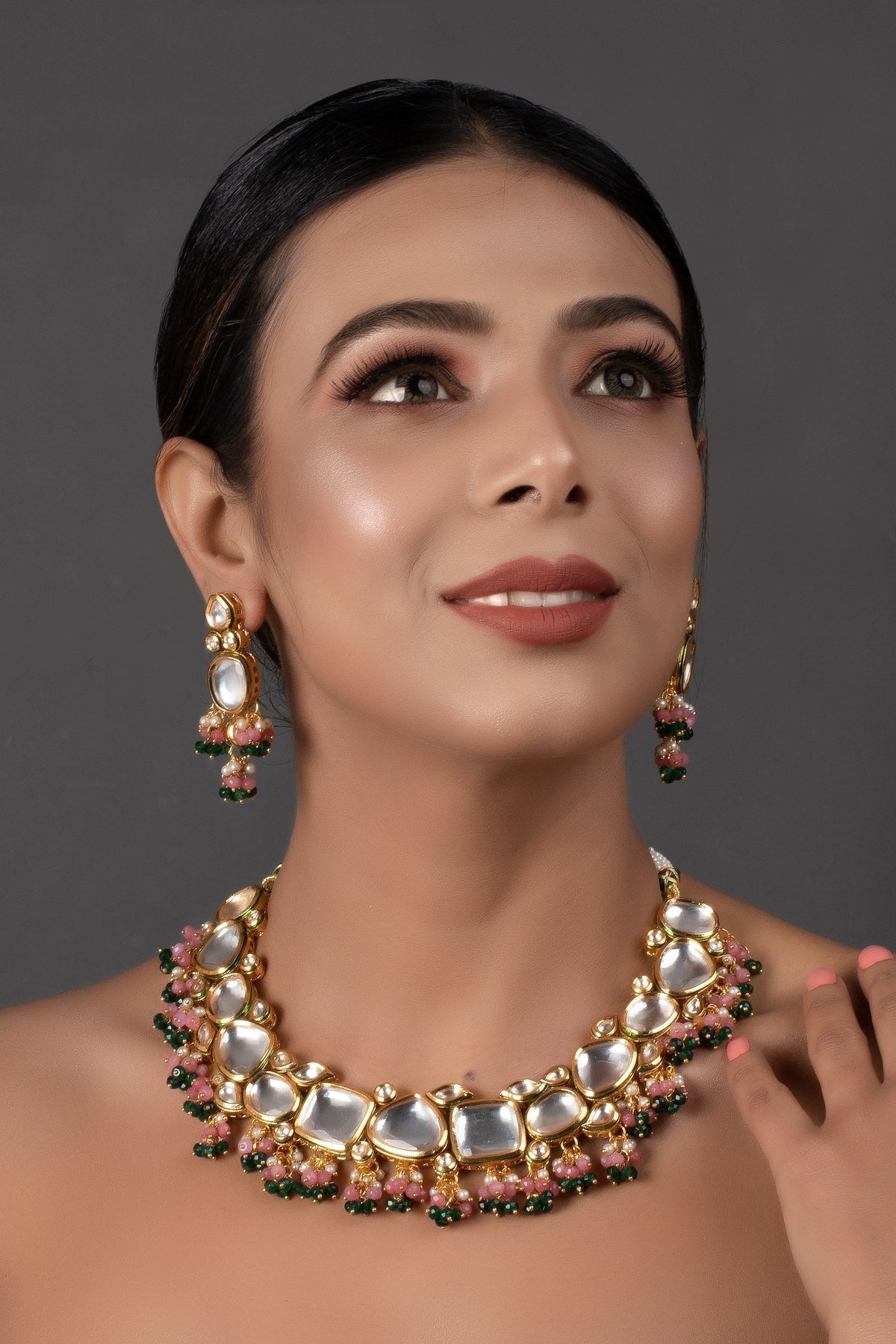 Peryl Women's Pink Green Gold Tone Kundan Necklace With Earrings - Swadesiicart