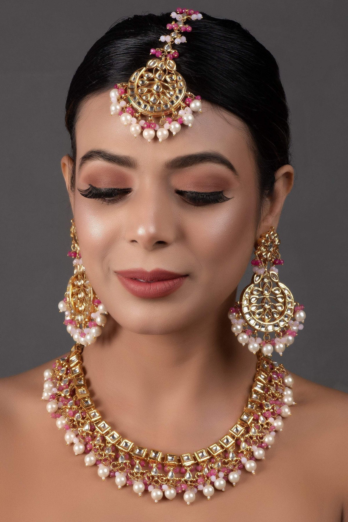 Peryl Women's Pearl & Pink Beaded Gold Tone Kundan Inspired Necklace With Earrings And Maang Tikka - Noz2Toz