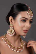 Peryl Women's Pearl & Pink Beaded Gold Tone Kundan Inspired Necklace With Earrings And Maang Tikka - Swadesiicart
