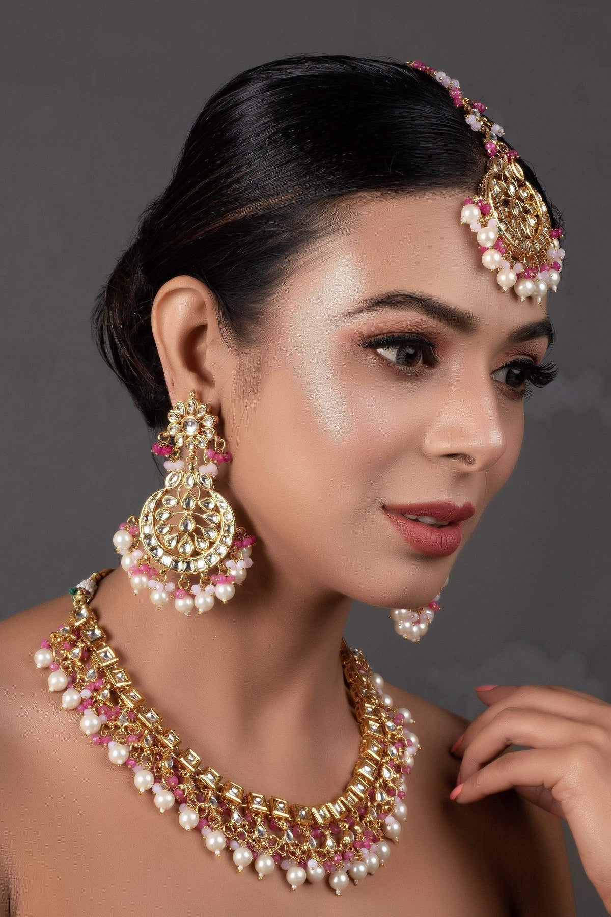 Peryl Women's Pearl & Pink Beaded Gold Tone Kundan Inspired Necklace With Earrings And Maang Tikka - Swadesiicart