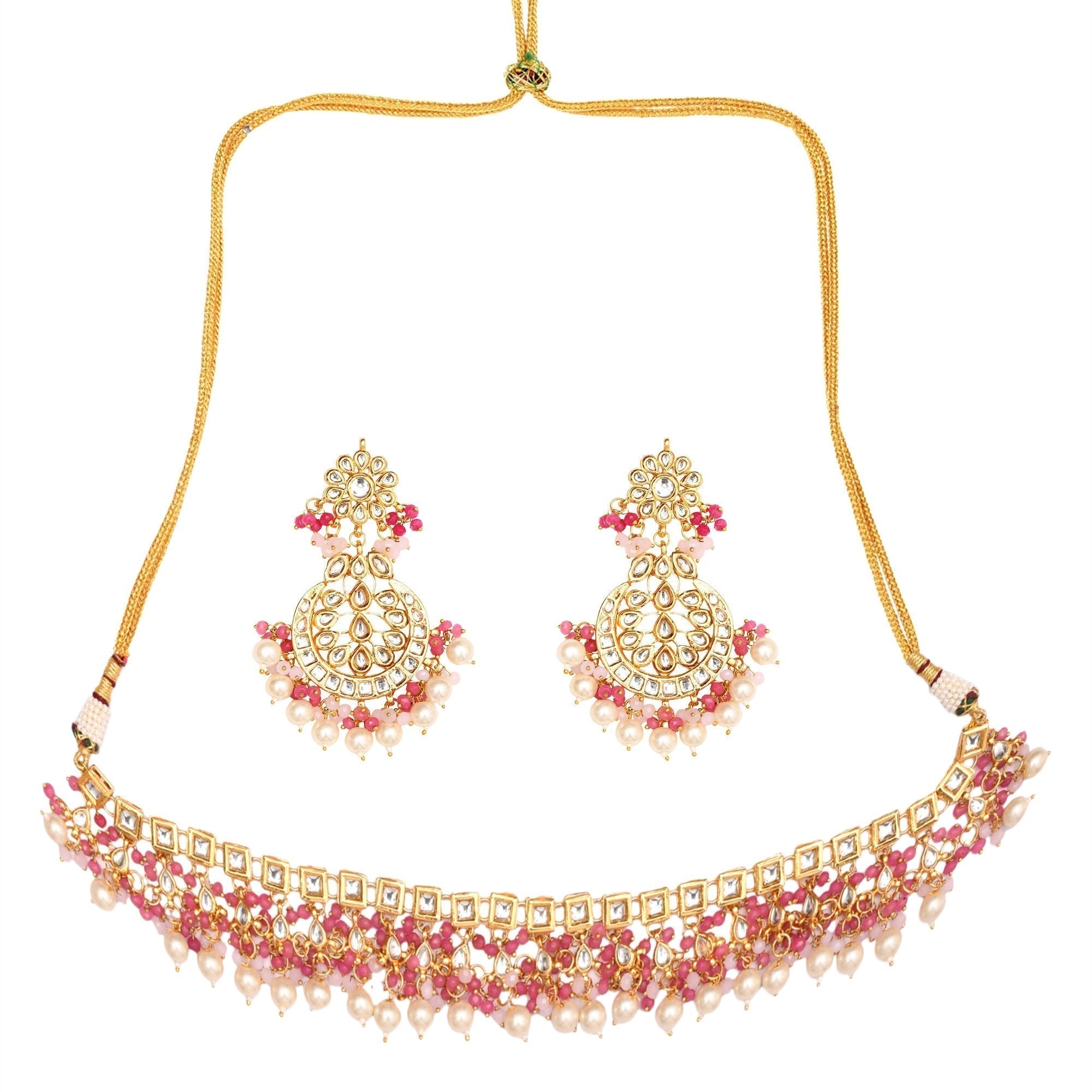 Peryl Women's Pearl & Pink Beaded Gold Tone Kundan Inspired Necklace With Earrings And Maang Tikka - Swadesiicart