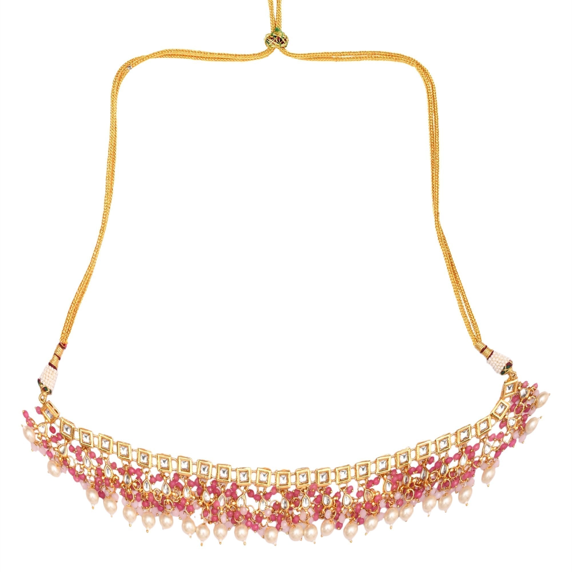 Peryl Women's Pearl & Pink Beaded Gold Tone Kundan Inspired Necklace With Earrings And Maang Tikka - Swadesiicart
