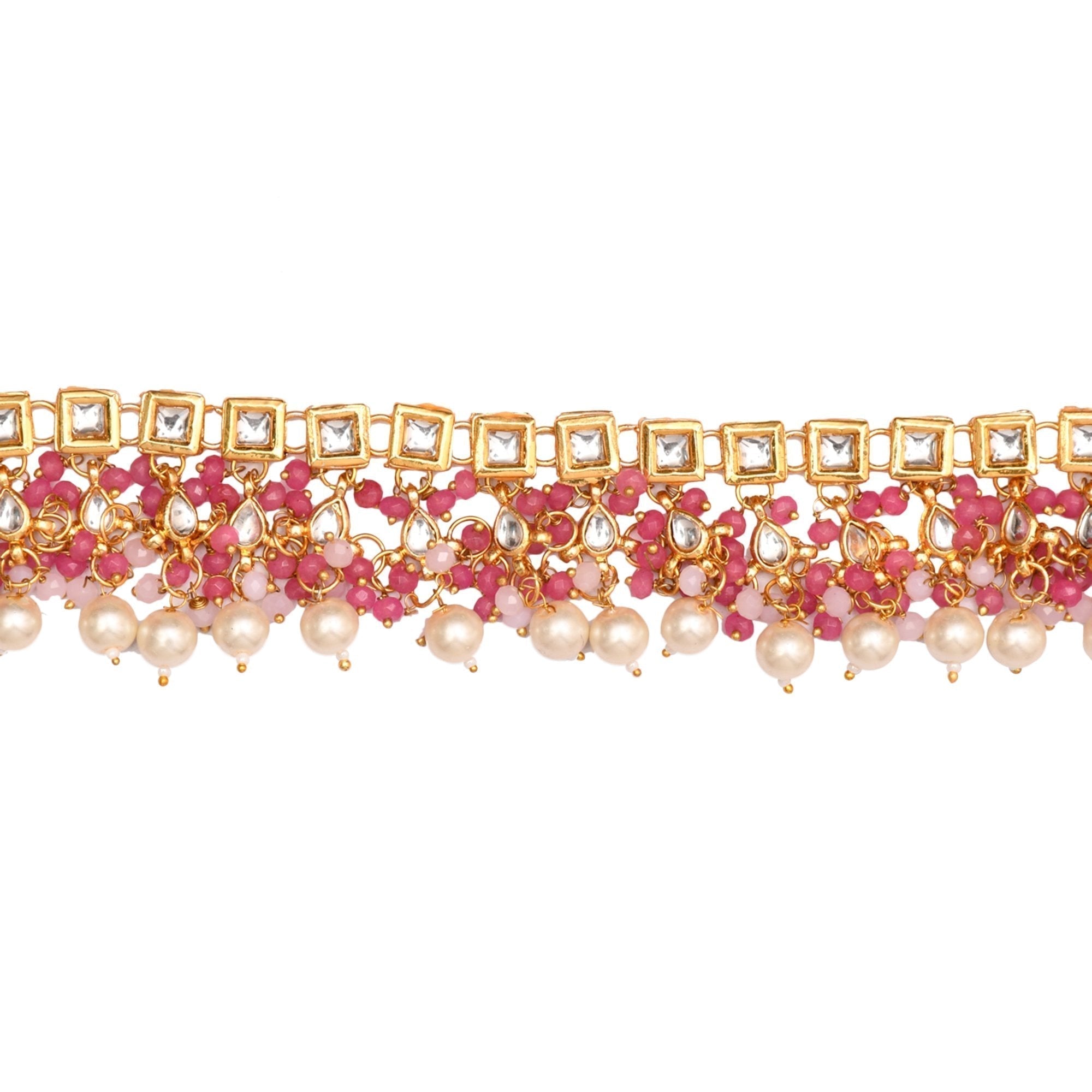 Peryl Women's Pearl & Pink Beaded Gold Tone Kundan Inspired Necklace With Earrings And Maang Tikka - Swadesiicart