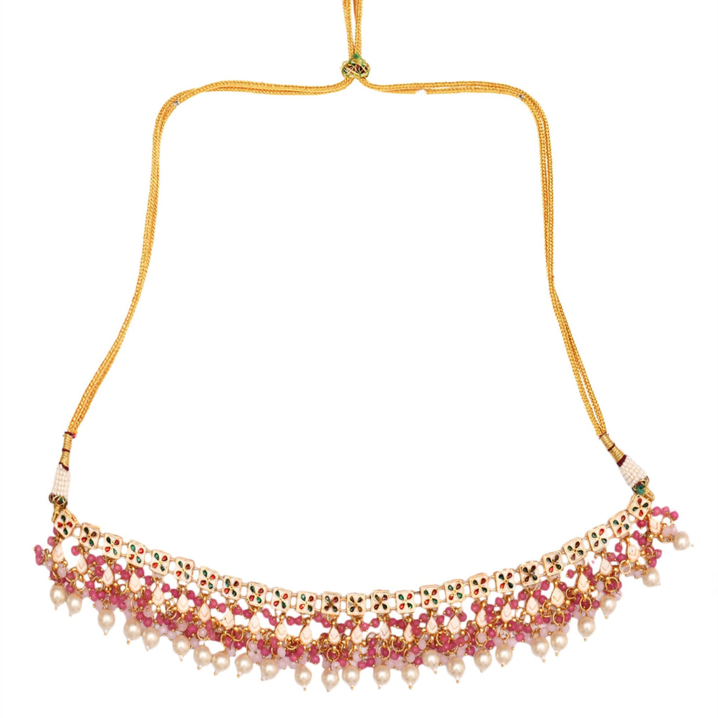 Peryl Women's Pearl & Pink Beaded Gold Tone Kundan Inspired Necklace With Earrings And Maang Tikka - Swadesiicart