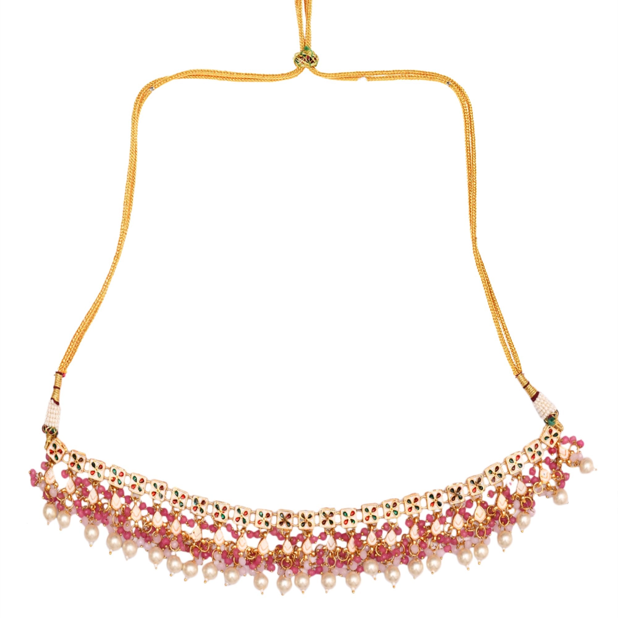 Peryl Women's Pearl & Pink Beaded Gold Tone Kundan Inspired Necklace With Earrings And Maang Tikka - Swadesiicart