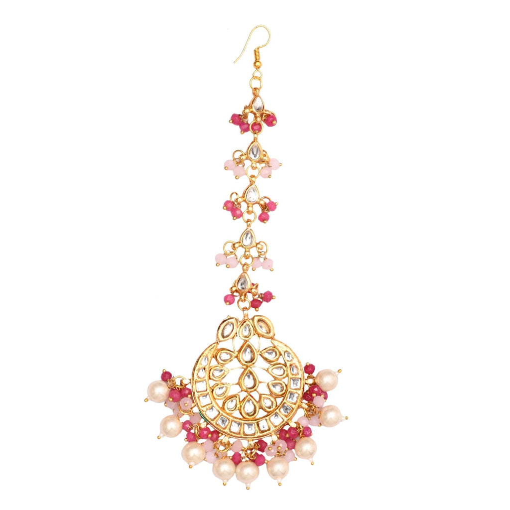 Peryl Women's Pearl & Pink Beaded Gold Tone Kundan Inspired Necklace With Earrings And Maang Tikka - Swadesiicart