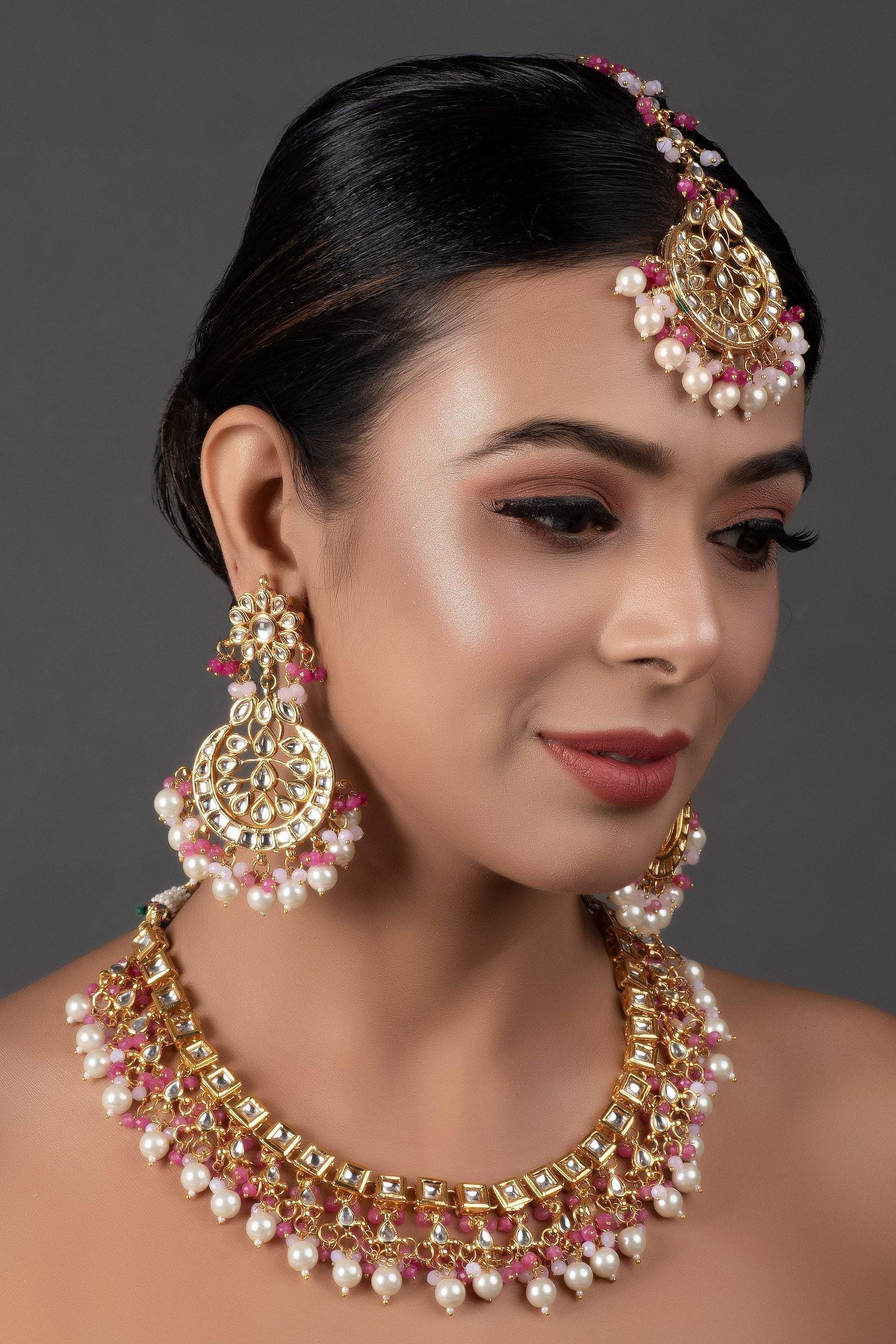 Peryl Women's Pearl & Pink Beaded Gold Tone Kundan Inspired Necklace With Earrings And Maang Tikka - Swadesiicart