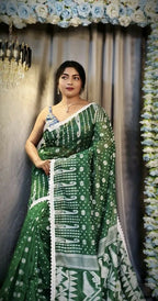 Exclusive Collection Beautiful Dark Green Jaal Jamdani Saree | Grocsy