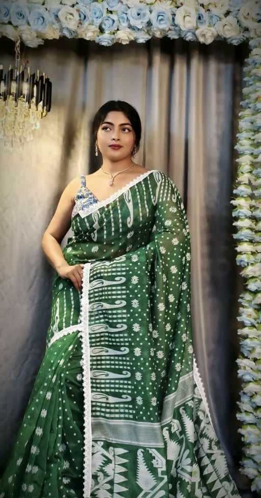 Exclusive Collection Beautiful Dark Green Jaal Jamdani Saree | Grocsy