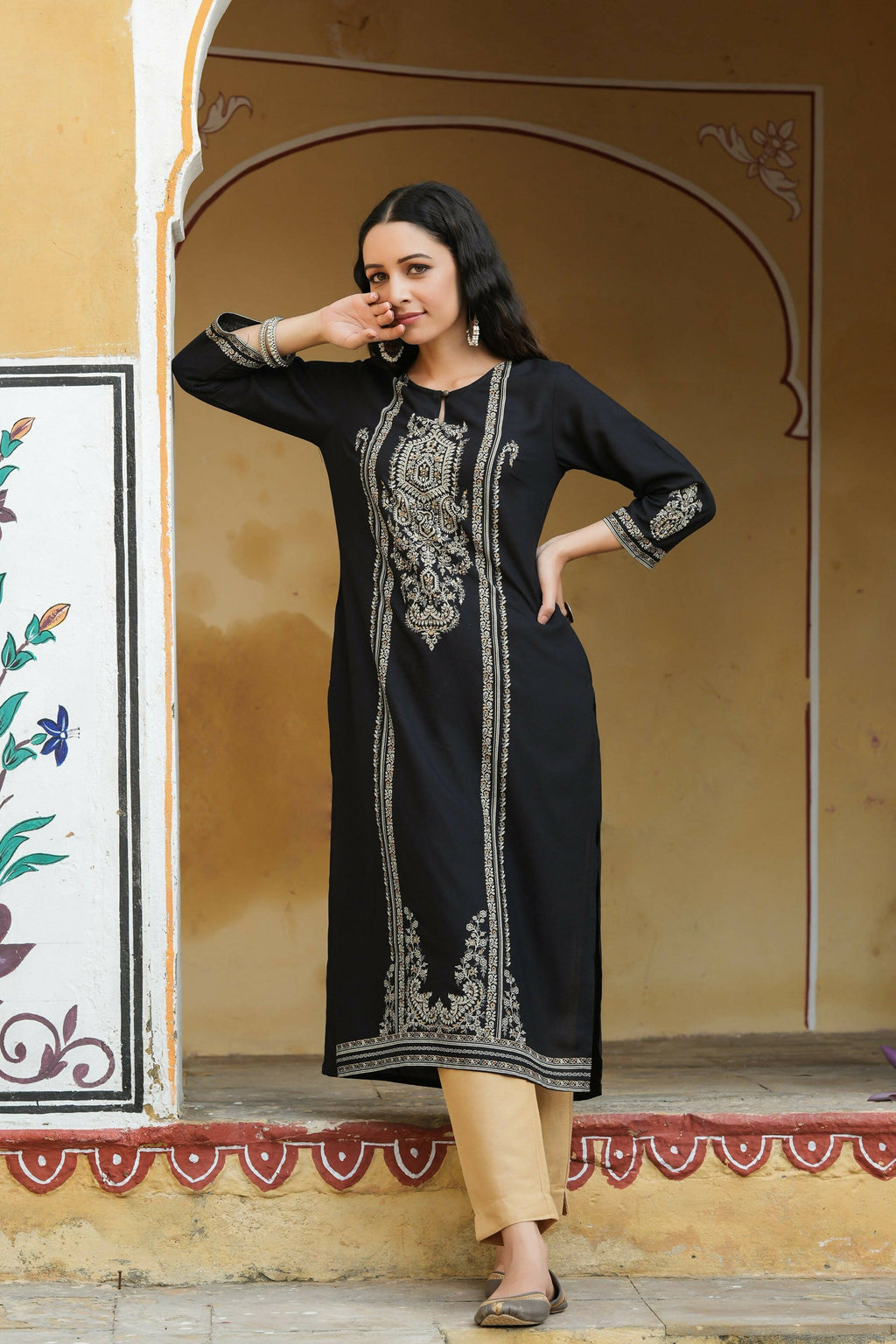 Juniper Women's Black Rayon Printed Straight Kurta | Grocsy