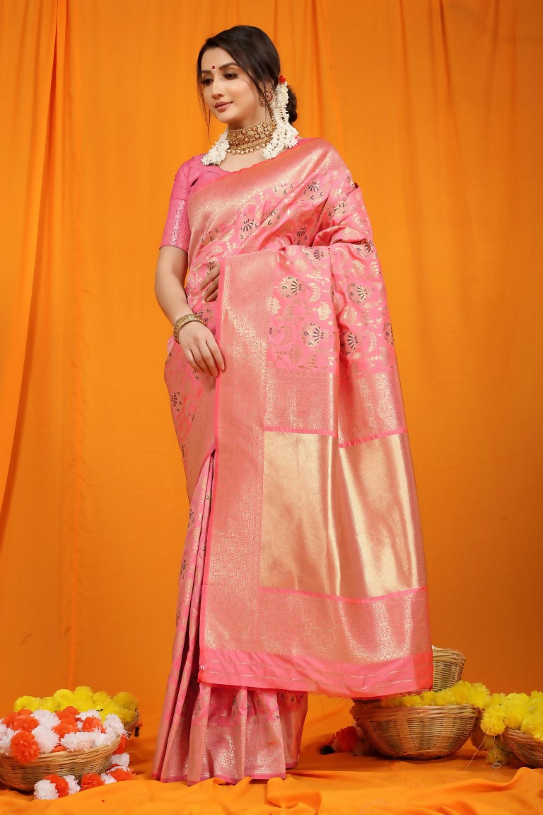 Jyoti Fashion Women's Pink Kanjivaram Silk Zari Woven Saree with Blouse | Grocsy