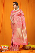 Jyoti Fashion Women's Pink Kanjivaram Silk Zari Woven Saree with Blouse | Grocsy