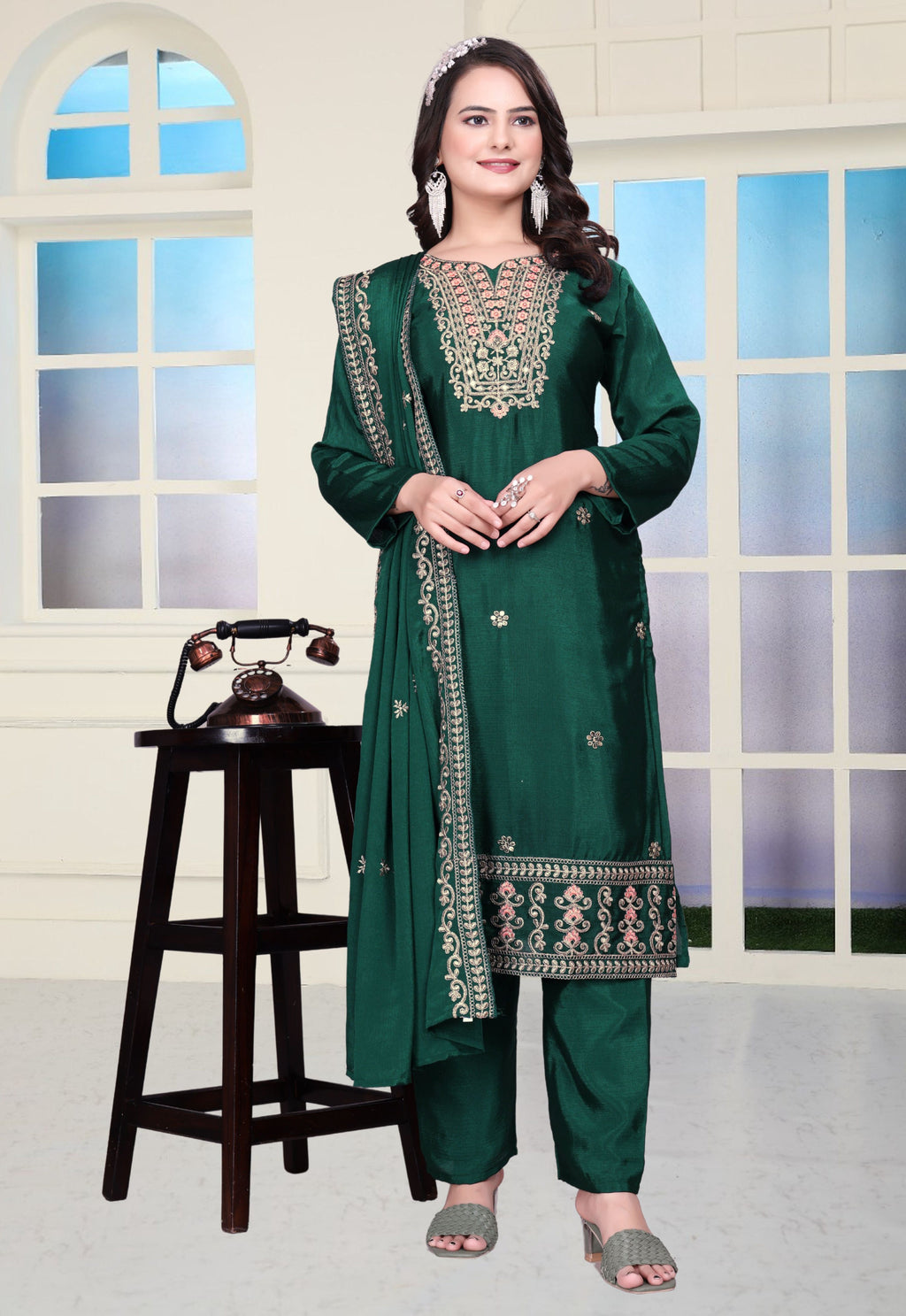 Lehenga Mart Designer Chinon Sharara Suit With Coding Sequence Embroidered Work - Green | Grocsy