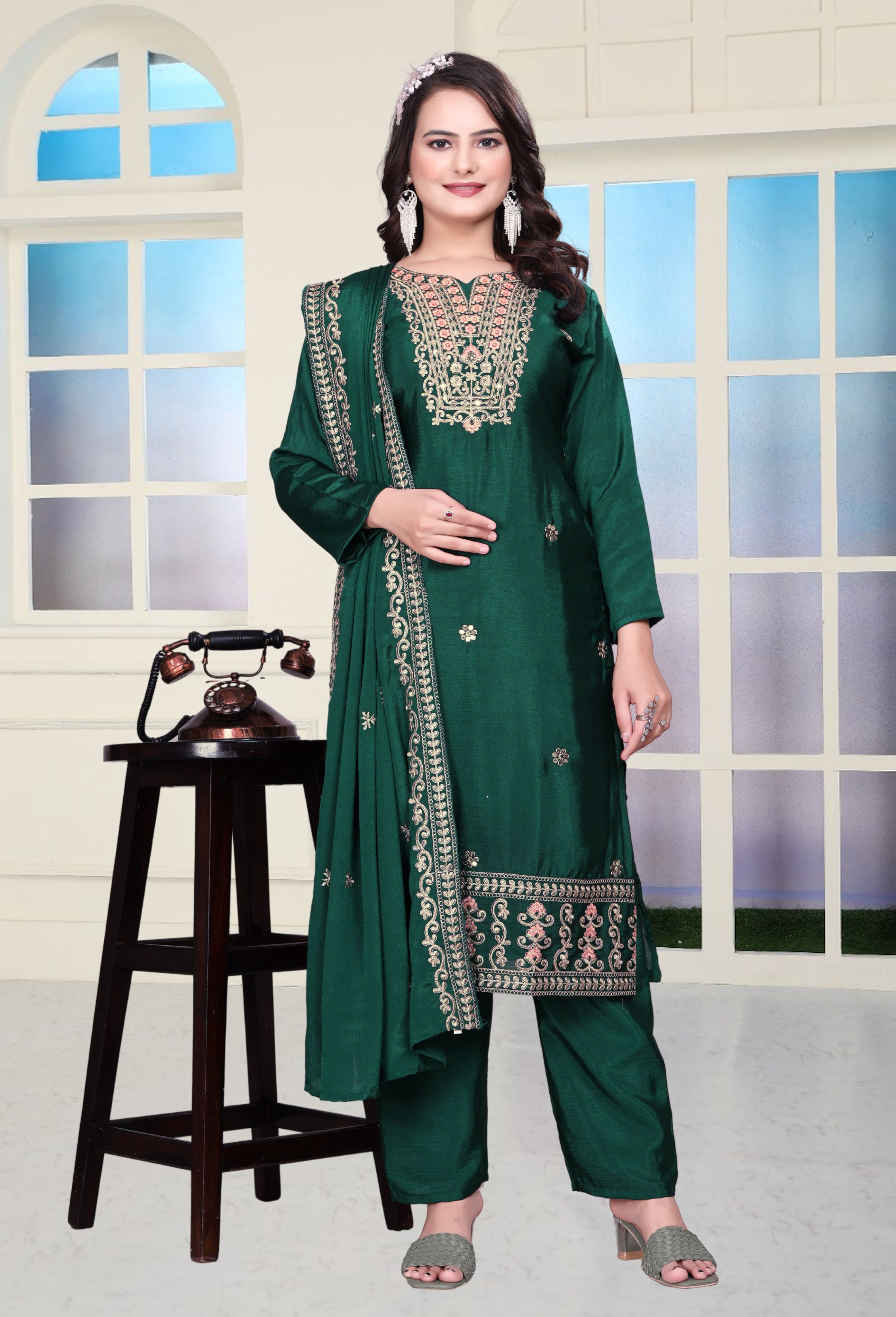 Lehenga Mart Designer Chinon Sharara Suit With Coding Sequence Embroidered Work - Green | Grocsy