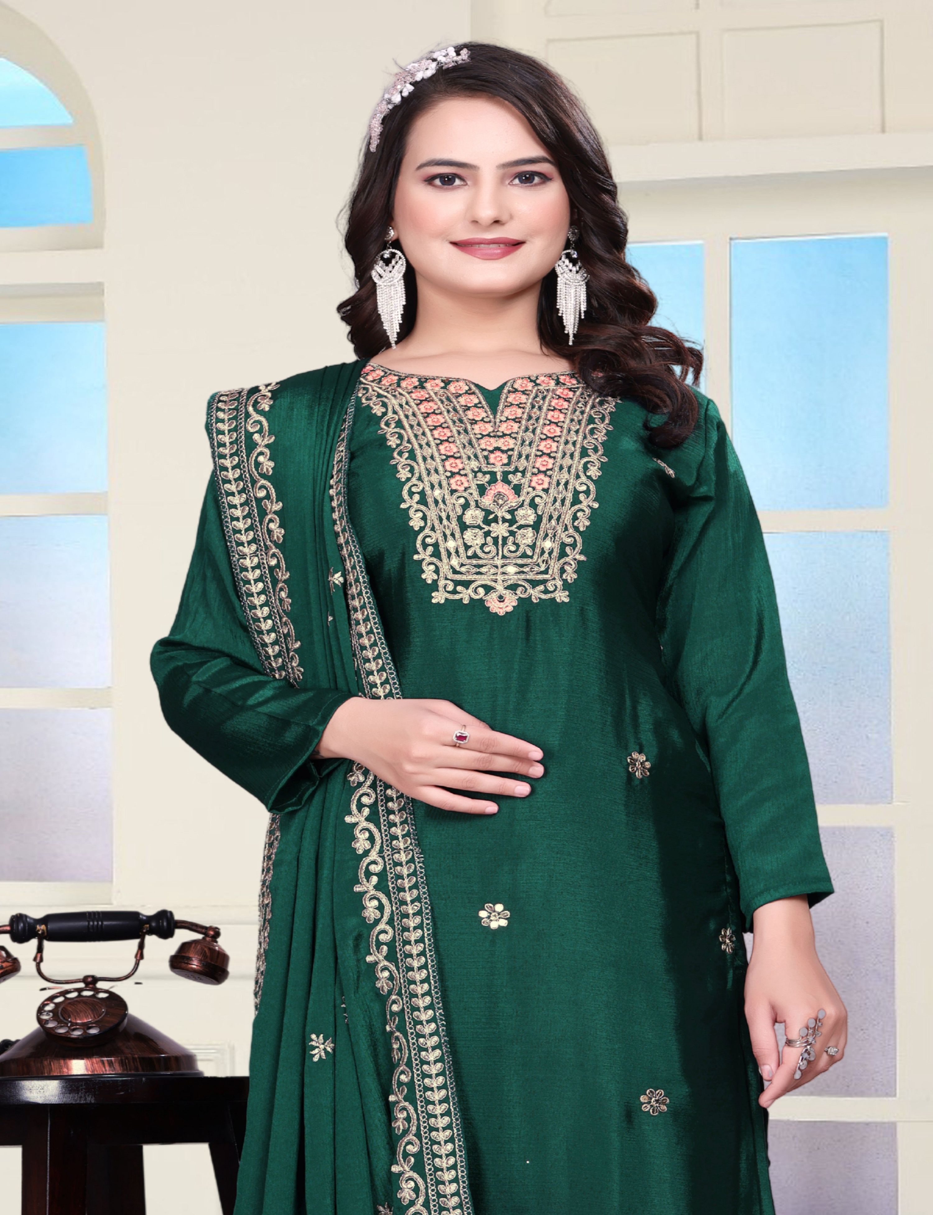 Lehenga Mart Designer Chinon Sharara Suit With Coding Sequence Embroidered Work - Green | Grocsy