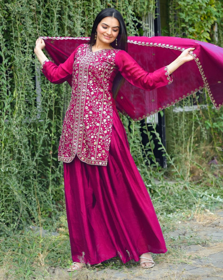 Lehenga Mart Designer Chinon Sharara Suit With Sequence Embroidered Work - pink | Grocsy