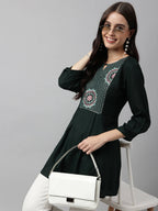 Green Rayon Yoke Embroidered A-line Top - Tarini | Grocsy